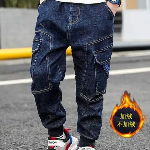 Autumn Winter Boys Fleece-Lined Cargo Pants/Korean Style Thickened Jeans for Toddler Boys