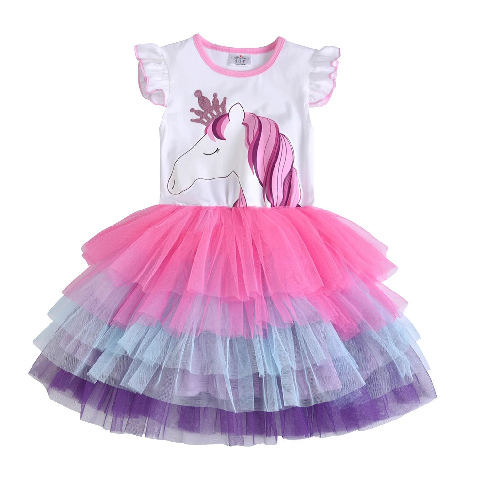 VIKITA Girls Tutu Dress Toddlers Summer Flare Sleeve Princess Dresses Girl Unicorn Cartoon Party Layered Dress Children Clothing