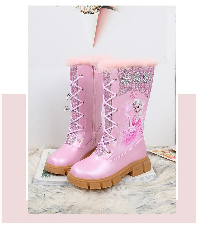 Disney Girls' Princess Elsa Frozen Boots Children's Long Sleeve Boots Women's Cotton Winter Plush Thickened High Sleeve Boots