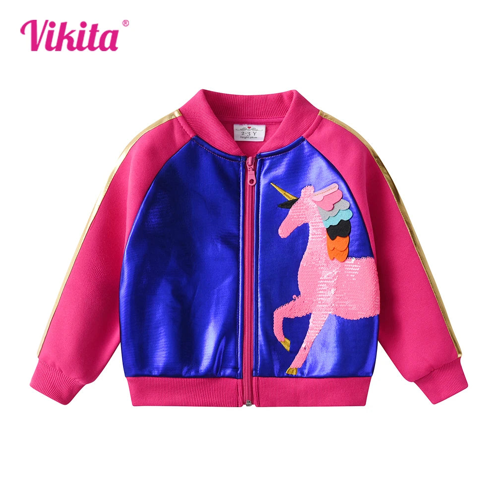 VIKITA Kids Autumn Spring Jacket Coat Girls Unicorn Cartoon Sequined Appliqued Jacket Teenage Girls Casual Sports Outerwear Coat