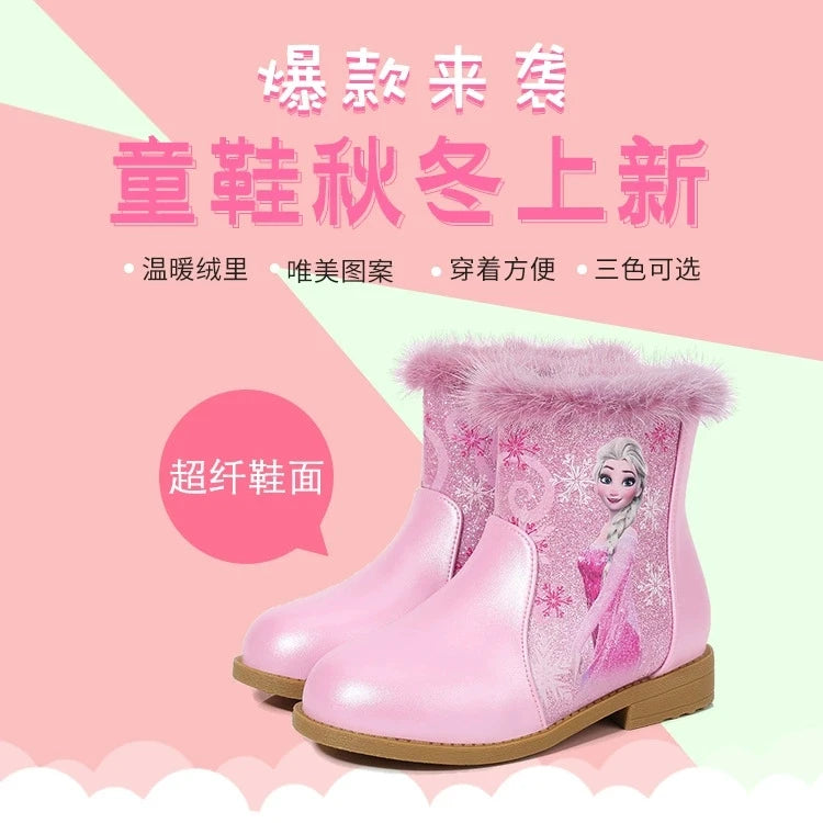 Disney Girls' Boots Winter Fashion Frozen Elsa Princess Children's Short Girls' Cotton Fur Ankle Boots Girls' Pink Shoes Size 25