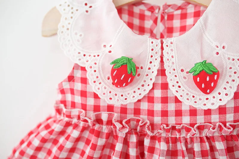 Summer New Simple Style Small Checkered Children'S Sleeveless Clothes, Sweet White Petal Lapel Baby Girl Dress (0-4 Years Old)