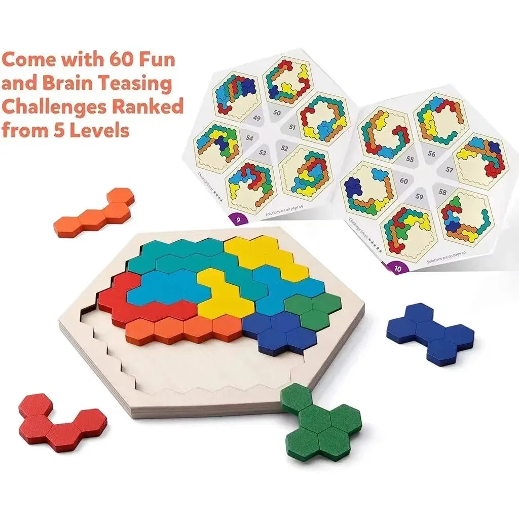 3D Hexagonal Wooden Puzzles Educational Toys For Children Kids Preschool Tangram Board Brain Test Game Montessori Toys Gifts