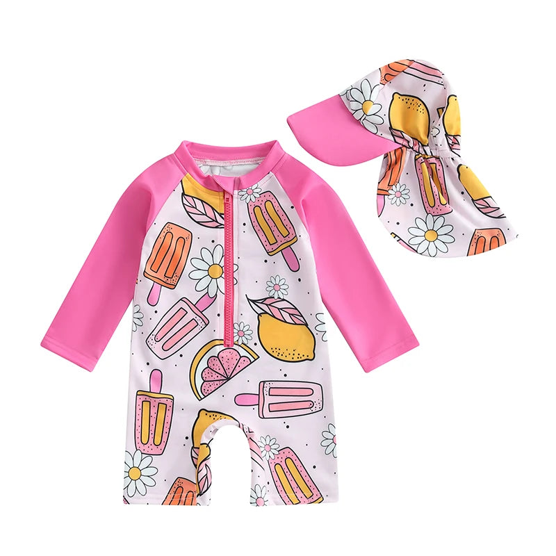 Baby Boys Rash Guard Swimsuit with Hat 2 Pcs Set Zip Up Long Sleeve Crew Neck Toddler Boys Swimwears and Sun Protection