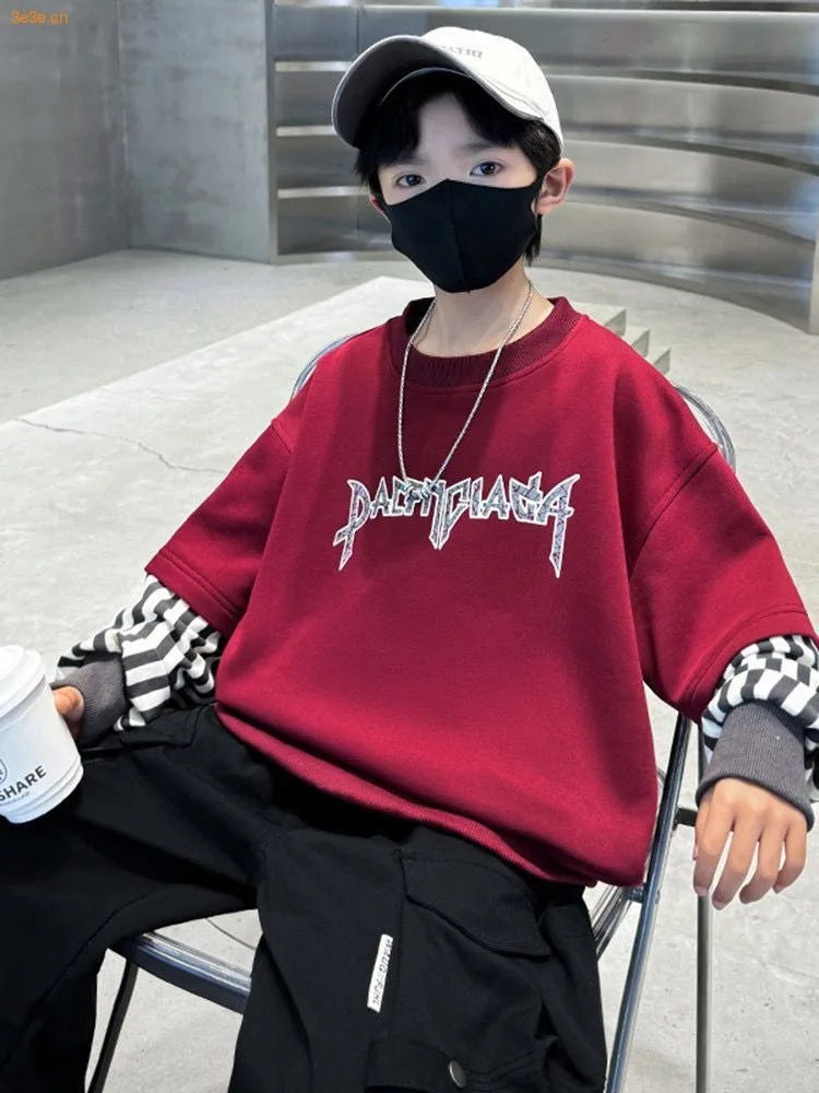 Boys' Medium-Large 2025 New Arrival No Hood Long Sleeve Fake Two-Piece Loose Fit Stylish Sweatshirt for Spring