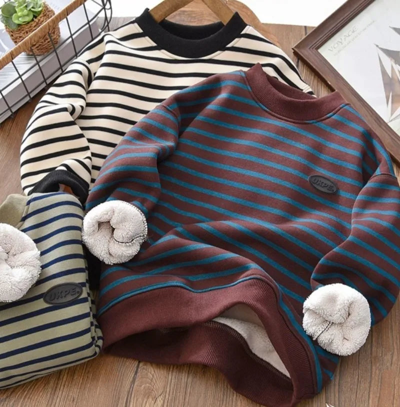 Boys' Striped Fleece-Lined Thickened Long Sleeve Sweatshirt 2025 Winter New Arrival Warm Base Layer Mid-Big Size Top