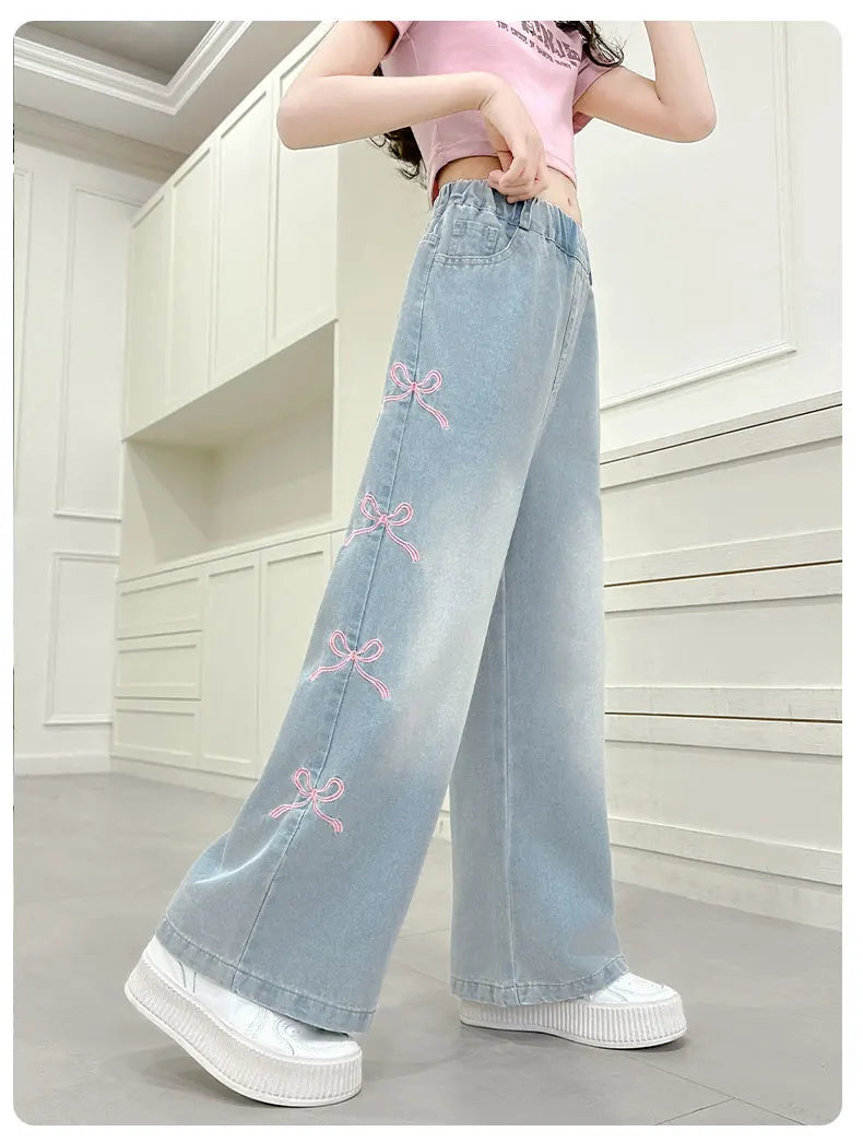 Girls' side pink bow embroidered wide-leg pants 2025 summer thin style slim straight pants suitable for outdoor 5-15 years old
