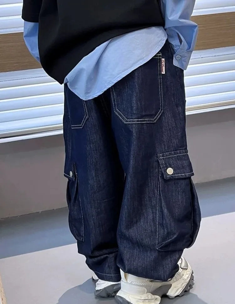 2025 New Boys' Solid Color Jeans - Loose Fit Straight Leg Kids' Long Pants with Pockets, Trendy & Stylish Denim for Active Boys