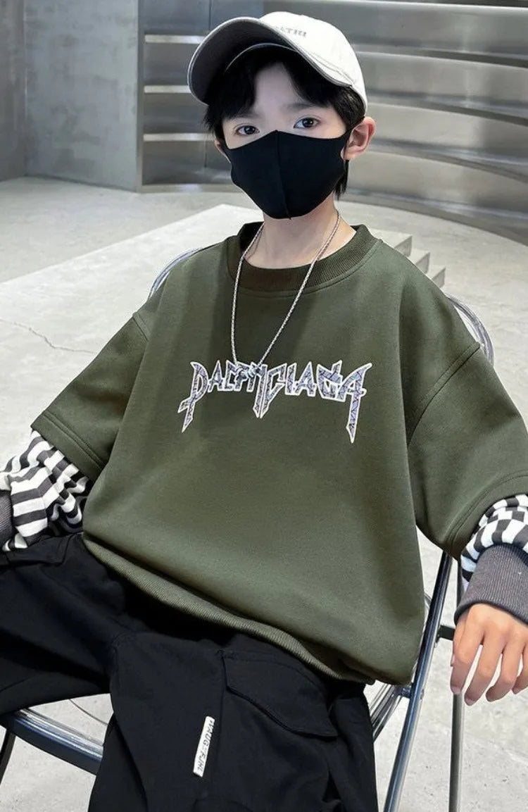 Boys' Medium-Large 2025 New Arrival No Hood Long Sleeve Fake Two-Piece Loose Fit Stylish Sweatshirt for Spring