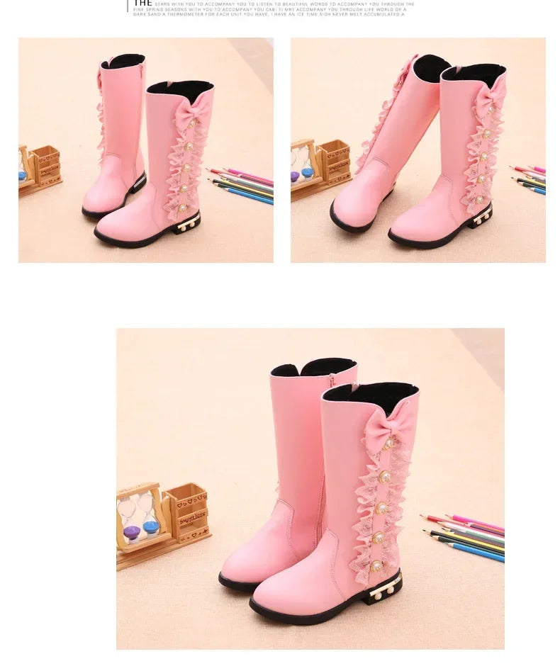 Girls Boots Autumn Winter Kids Princess Boots Lace Pearls with Bow-knot Sweet Warm Cotton Fur Lining Children Long Boots High