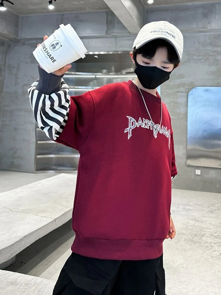 Boys' Medium-Large 2025 New Arrival No Hood Long Sleeve Fake Two-Piece Loose Fit Stylish Sweatshirt for Spring