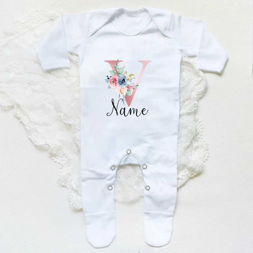 Personalised Babygrow Sleepsuit Flower Initial Infant Romper Baby Coming Home Outfit Newbron Shower Gift Baby Girls Sleepsuit