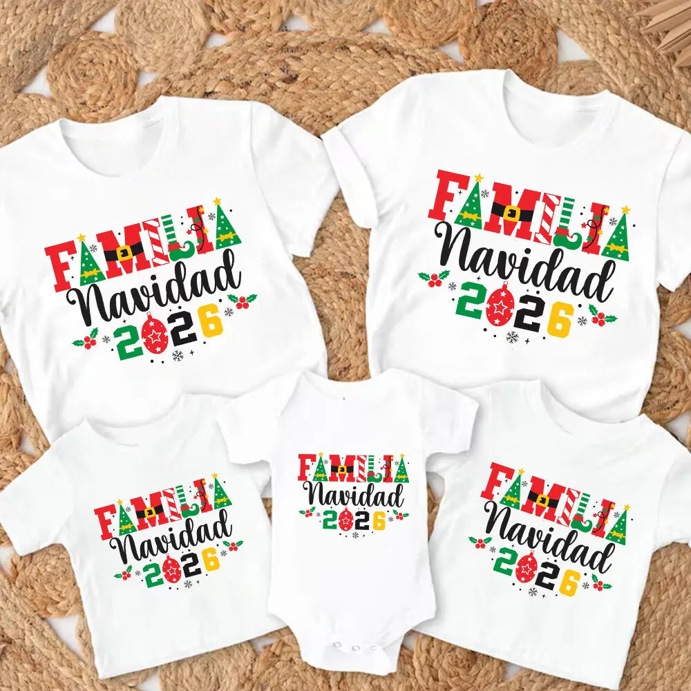 2026 Christmas Family Pattern Print Familt Matching Tee Shirts Dad Mom Kids Round Neck Tee Tops Baby White Bodysu