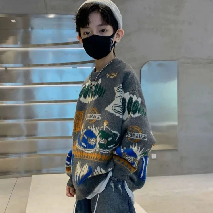 2025 New Boys' Autumn/Winter Fleece-Lined Thickened Pullover Knit Sweater - Warm Base Layer for Kids, Trendy & Cozy Design