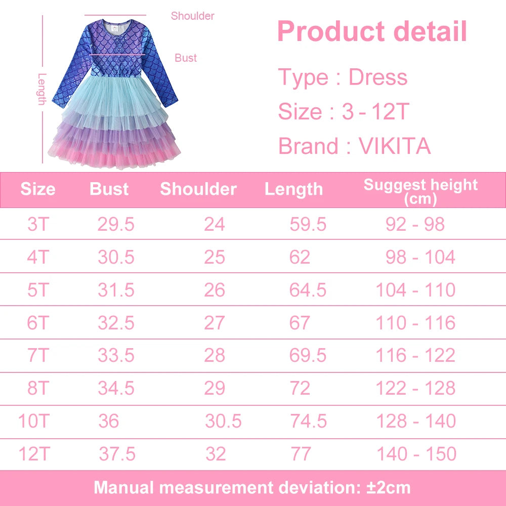 VIKITA Girls Mermaid Print Princess Dress Girl Cake Layered Performance Tutu Dresses Kids Long Sleeve Autumn Winter Party Dress