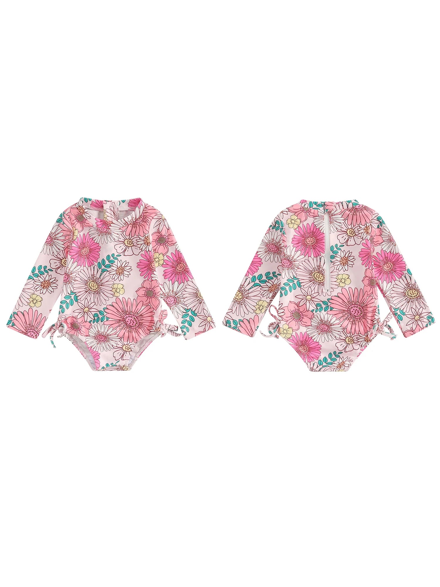 Infant Girls  Rash Guard Swimsuit with Long Sleeves and Cute Floral Print Baby Beachwear Tie-Up Bathing Suit