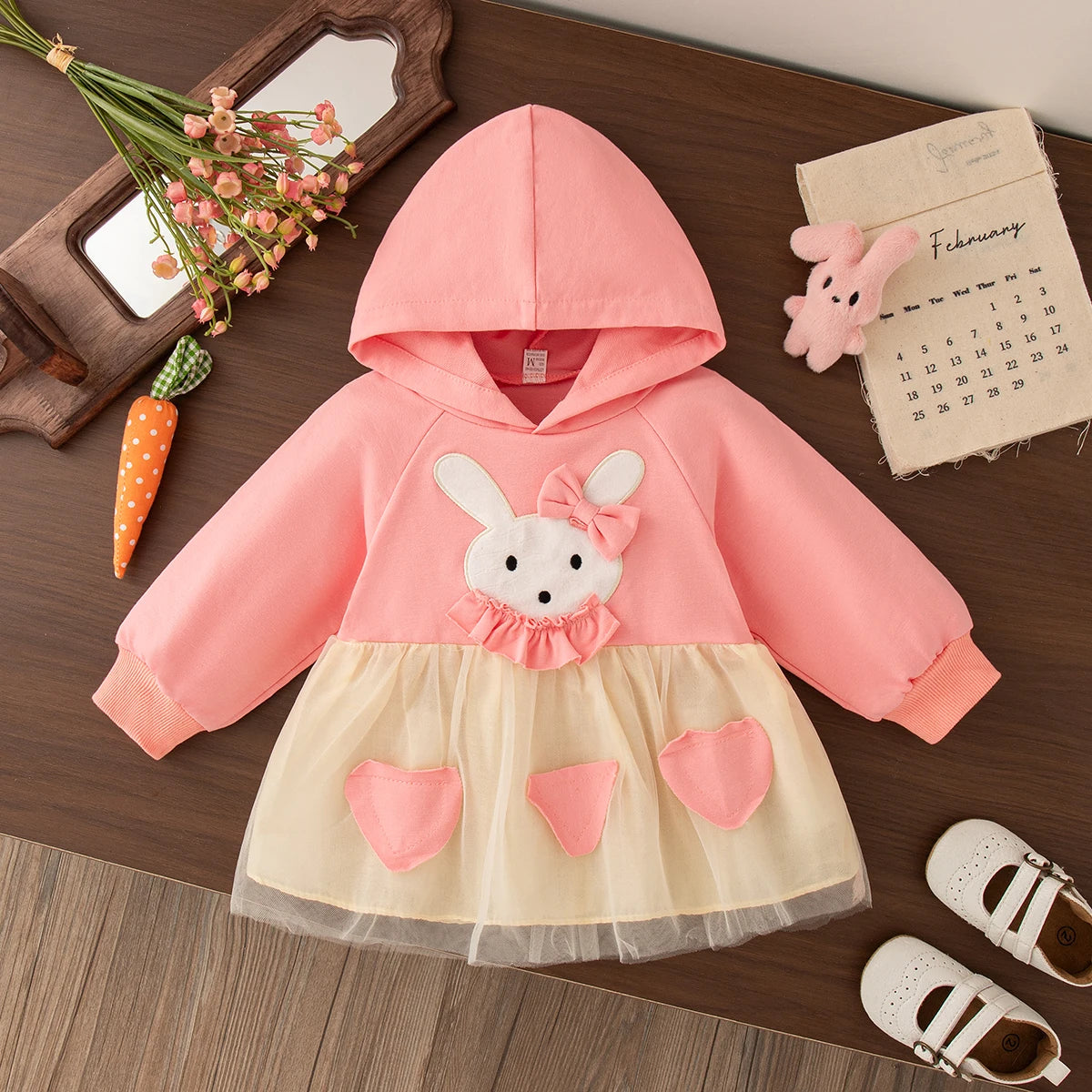 Spring And Autumn New Cute Rabbit Baby Girl Top, Pink Hooded Children'S Long Sleeve Clothes (6-24 Months)