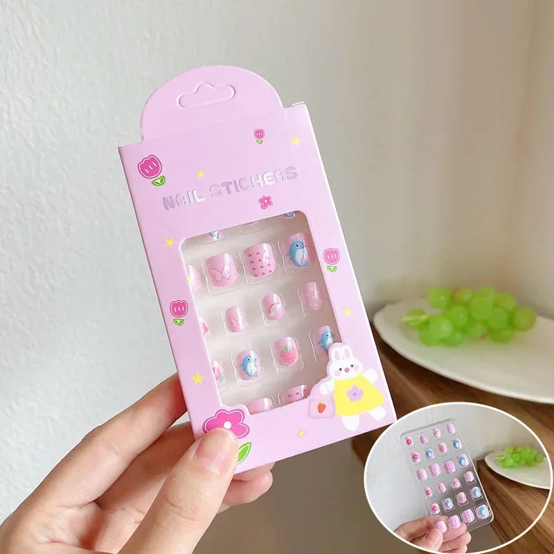 24PCS Children False Nails Kids Girls Press on Short Artificial Fake Nails Cute Pre Glue Full Cover Acrylic Nail Tip Kit