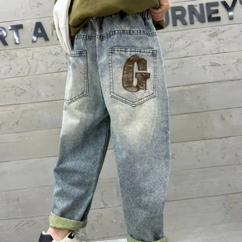 Kids Boys Thickened Winter Jeans Loose Fleece-Lined Long Pants Casual Stylish Warmth