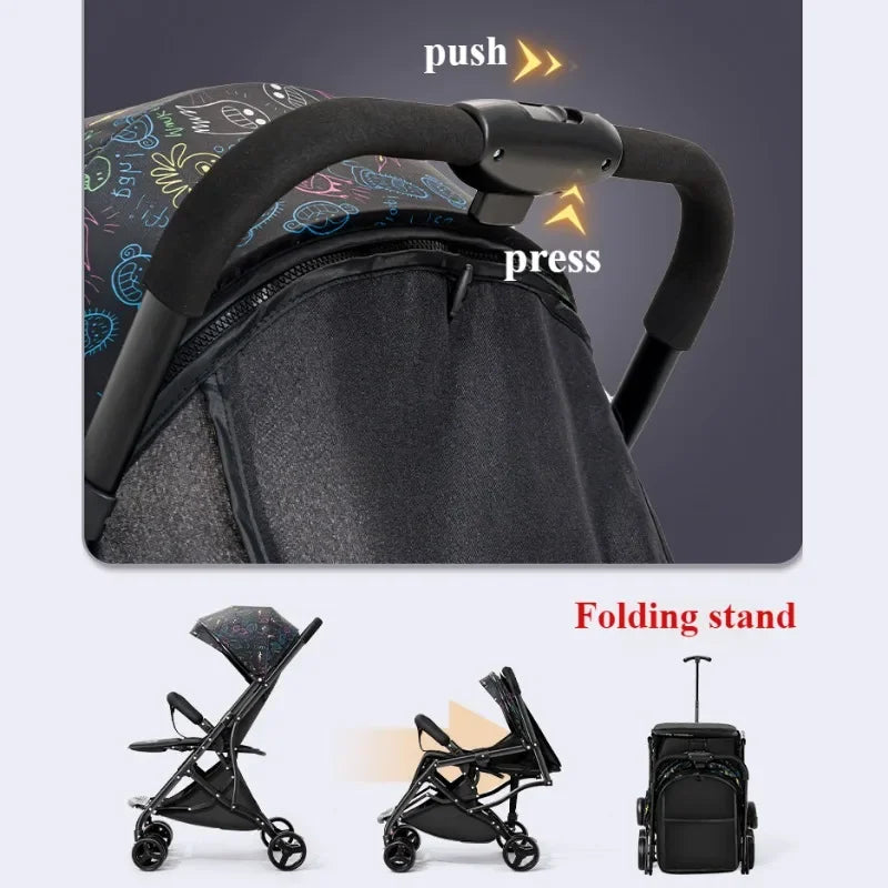 One Click Folding Baby Stroller Can Sit & Lying Foldable Portable Lightweight Baby Strolling Cart Large Space Adjustable Backset