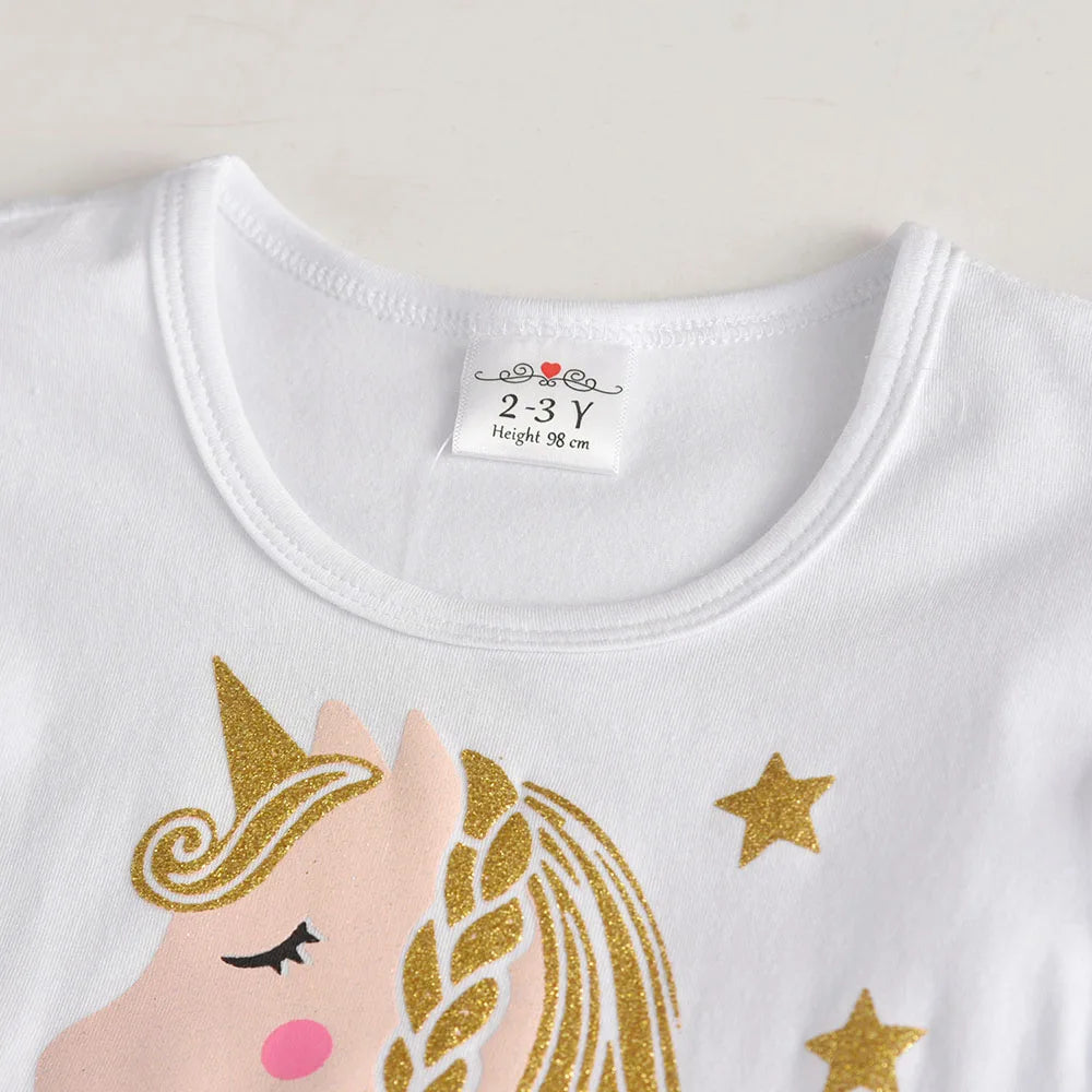 VIKITA Girls Flare Sleeve Summer Vestidos Girls Licorne Print Cartoon Patchwork Dress Girl Party Princess Cute Mesh Tulle Dress