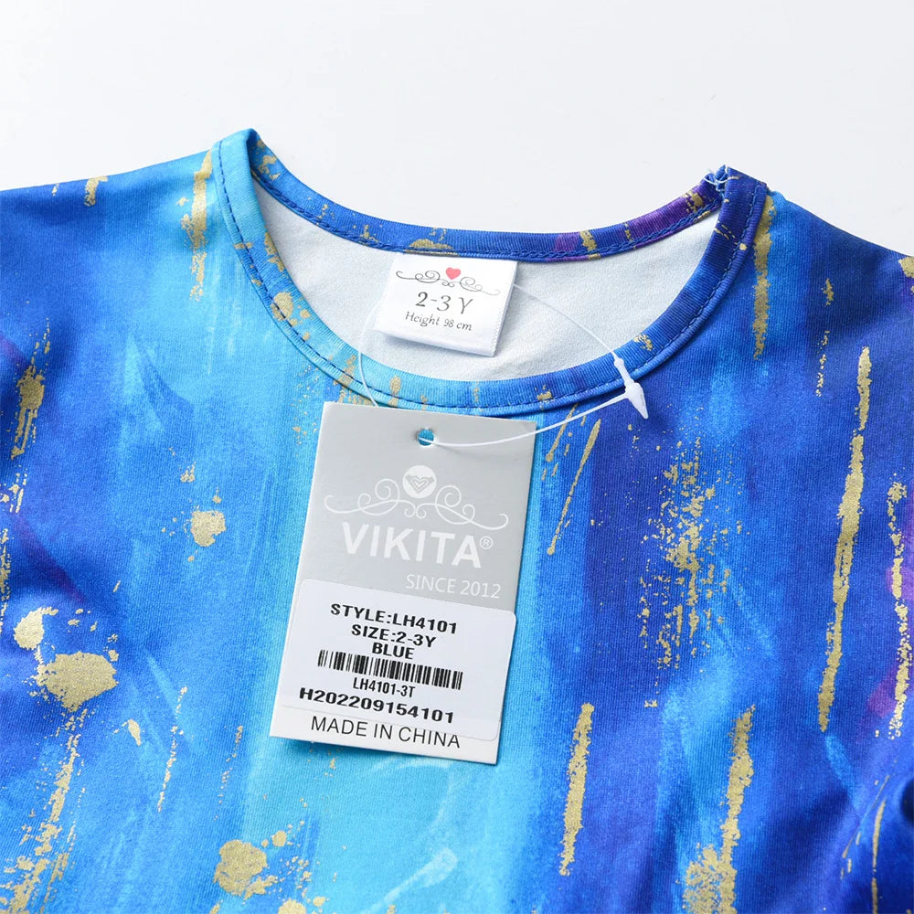 VIKITA Girls Blue Performance Prom Gown Party Princess Dress Kids Long Sleeve Autumn Winter Spring Layered Cake Tutu Dresses