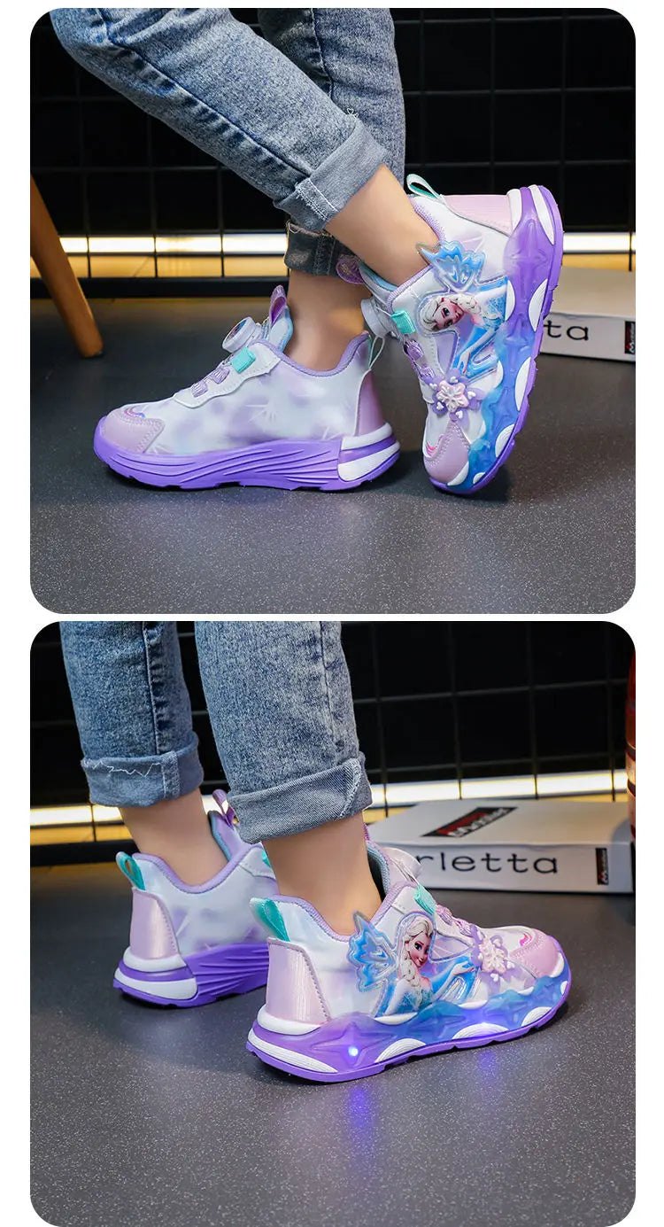 Disney LED Casual Sneakers Spring Girls Frozen Elsa Princess PU Leather Shoes Children Lighted Non-slip Pink Size 23-35