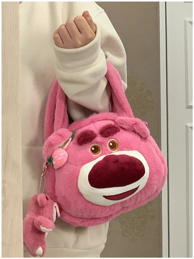 Disney Strawberry Bear New Girl Plush Shoulder Messenger Bag Cartoon Cute Girl Handbag Fashion Trend Plush Girl Bag High Quality