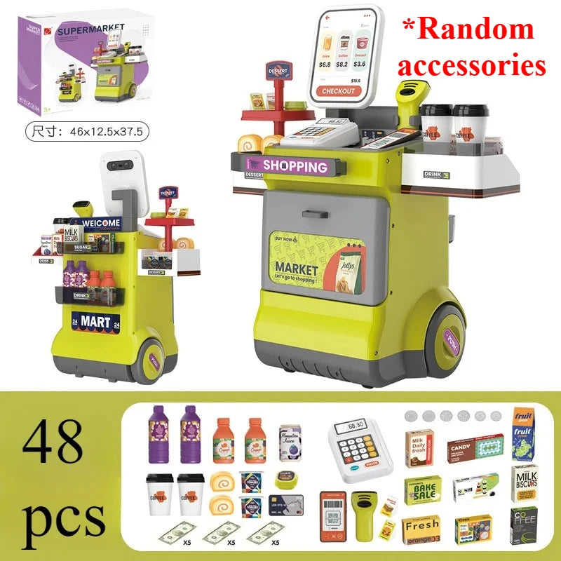 Cash Register Playset for Kids Pretend Play Shopping Money Calculator Scanner Credit Card Play Food for Boys Girls Birthday Gift