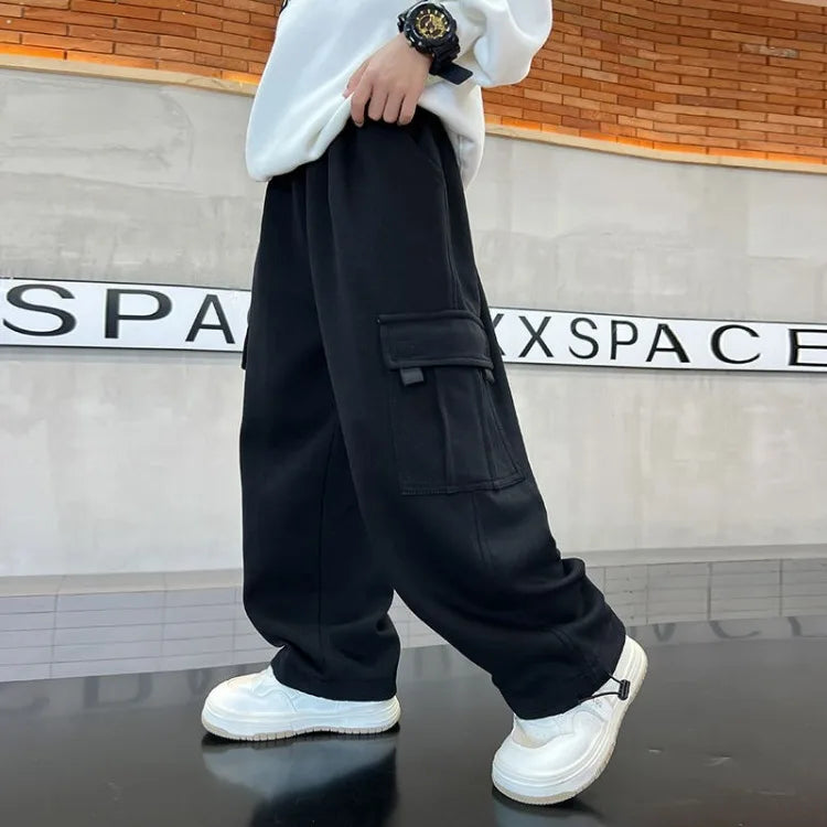 2025 New Boys Autumn Winter Fleece-Lined Sports Cargo Pants, Big Boy Streetwear Trends, Warmth & Comfort