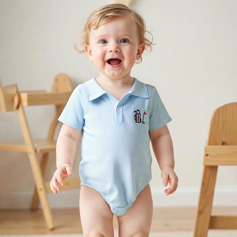 Infant Boy Jumpsuit Stylish Short Sleeve Striped Romper with Turn-down Collar and Embroidery Detail for Everyday Wear
