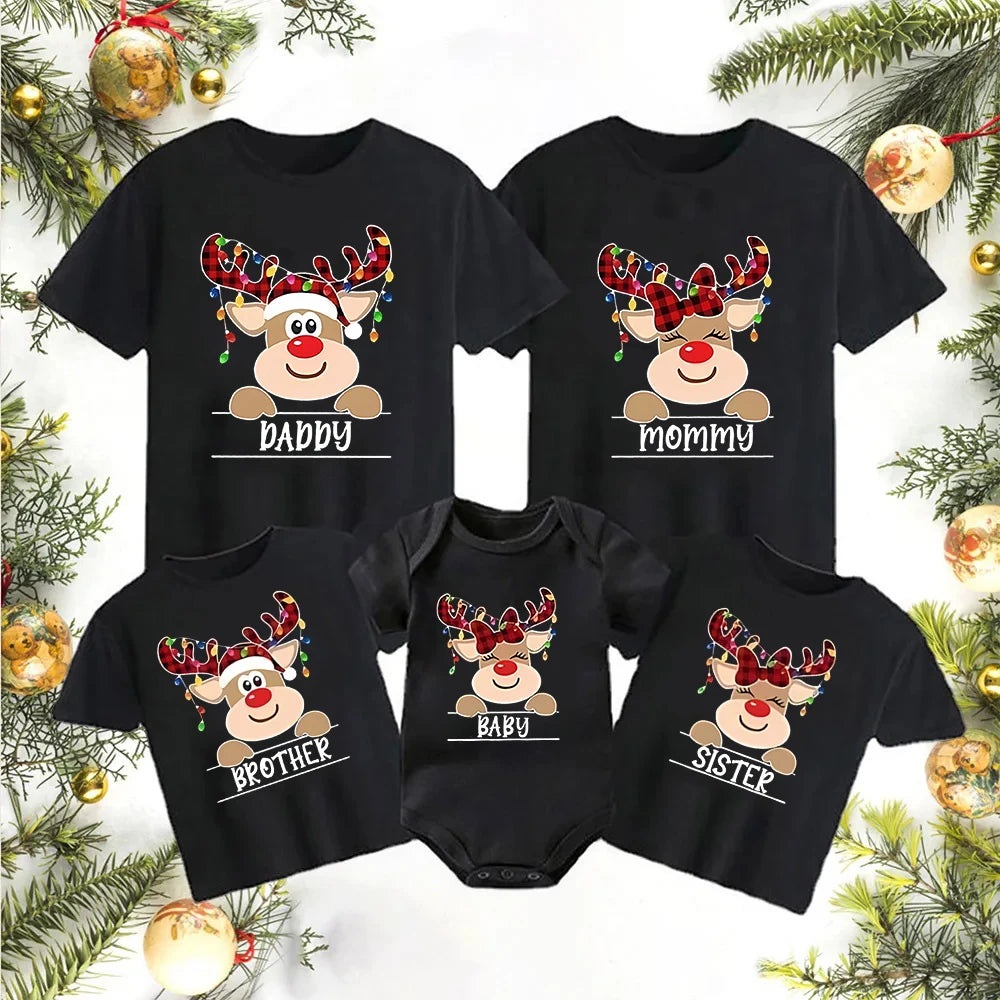 2026 Christmas Shirt Family T-shirt Elk Name Printed Women's T-shirt Men's Clothing Children's Clothing Baby jump