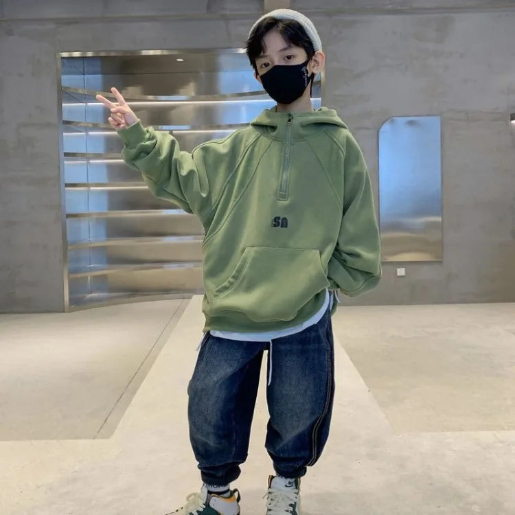 2025 New Boys' Mid-Large Spring-Autumn & Autumn-Winter Fleece-Lined Thickened Hooded Hoodie - Trendy Streetwear Boys' Top
