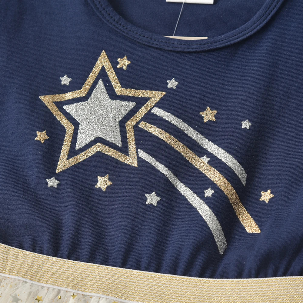 VIKITA Toddlers Flare Sleeve Summer Dress Kids Star Print Mesh Tulle Glitter Sparkling Festival Birthday Party Elegant Dress 5Y