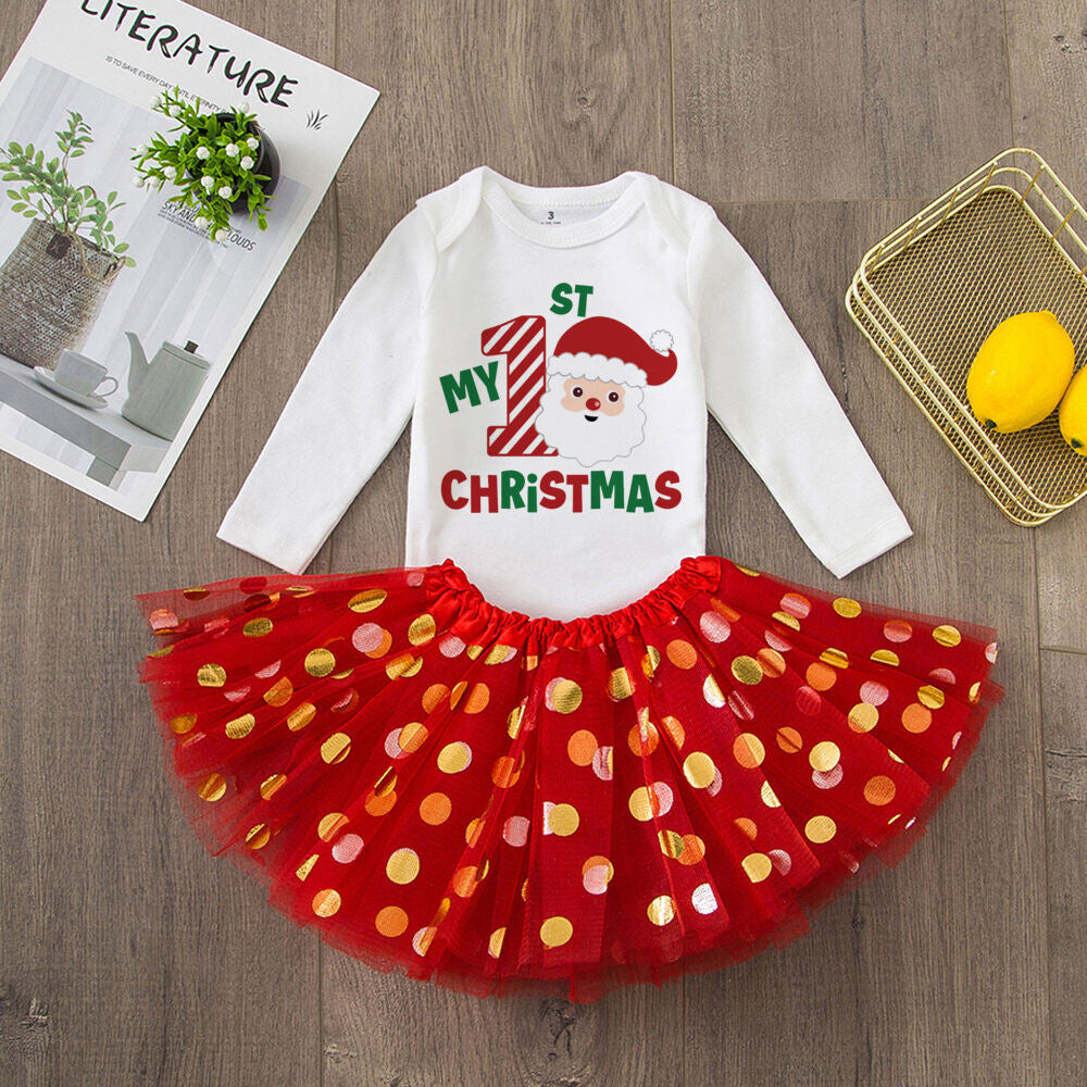 My 1St Christmas Baby Bodysuit Cake Dresses Set Infant Girls Long Sleeve Playsuit Tutu Skirts Clothes Toddler Xmas Party Outfits