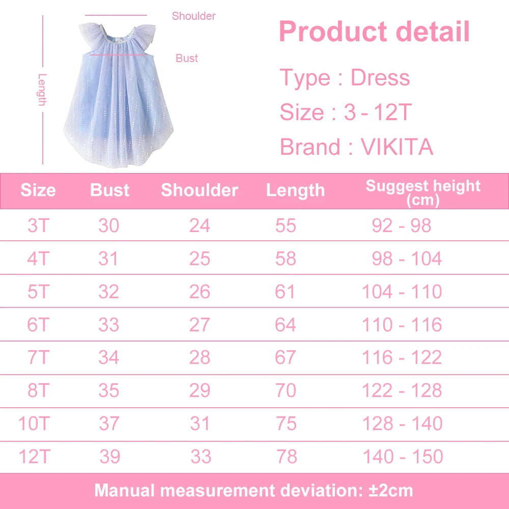 VIKITA Girls Light Blue Sleeveless Ruffled Tulle Shoulders Mesh Sling Dress Kids Fairy Elf Fashion Princess Party Frocks