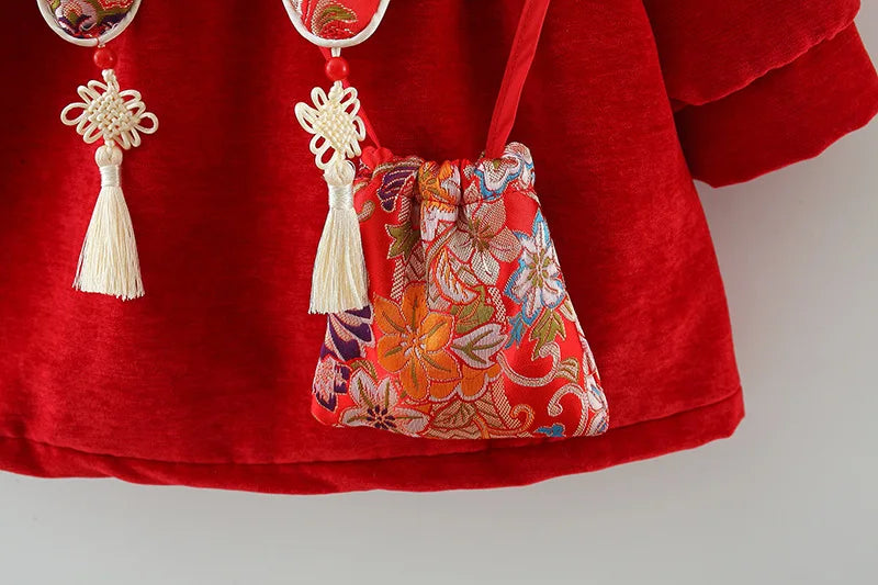 New Winter Embroidered Baby Girl Dress, Retro Style Children'S Clothing For Spring Festival Parties+Red Envelope Bag Giveaway