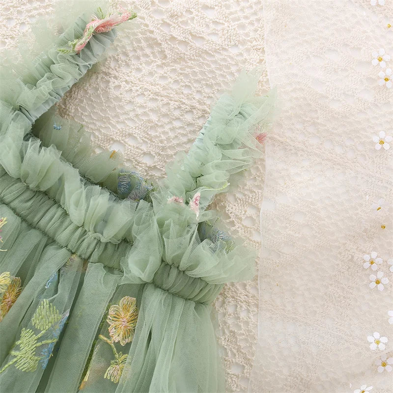 Summer New Green Chiffon Baby Girl Princess Dress, Sweet Flower Embroidery Children'S Sling Clothes For Babies Aged 0-5 Years