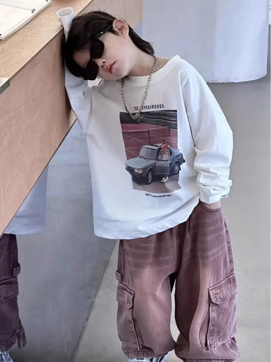 Loose Autumn Cotton T Shirt Child Korean Children's Clothing 2025 Kids Boys Clothes Long Sleeve Outdoor Tees Year Old Boy Wear