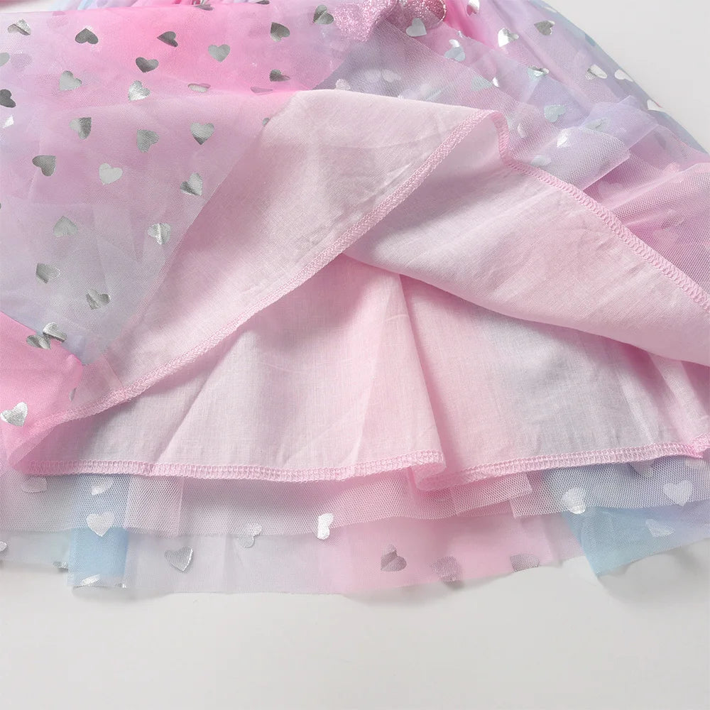 VIKITA 2025 Kinderkleidung Mädchen Herbst Frühling Langarm Rosa Kleid Kinder Herzform Mesh Tüll Prinzessin Party Sternenkleider