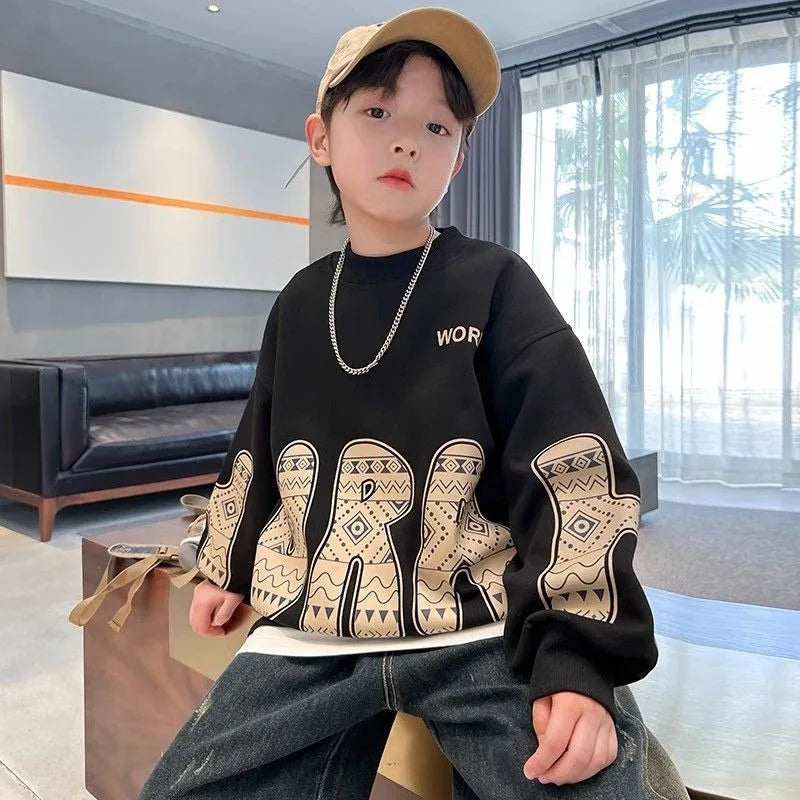 Boys' Medium-Large 2025 New Spring/Autumn Trendy No Hood Layering Top Sweatshirt