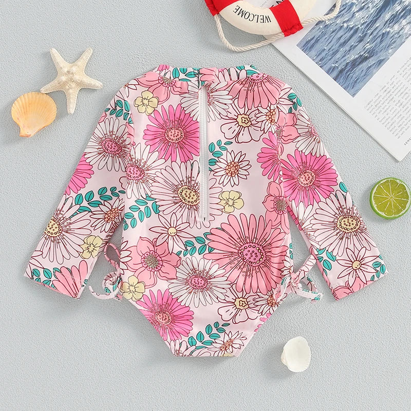 Infant Girls  Rash Guard Swimsuit with Long Sleeves and Cute Floral Print Baby Beachwear Tie-Up Bathing Suit