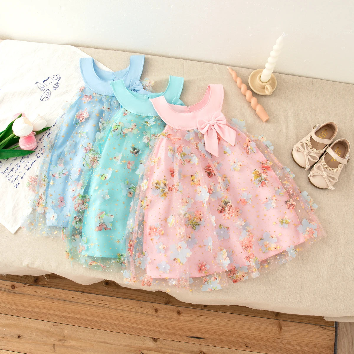 Colorful Floral Chiffon Baby Girl Princess Dress, Summer New Sweet Bow Children'S Clothing Suitable For Birthday Parties (0-3Y)