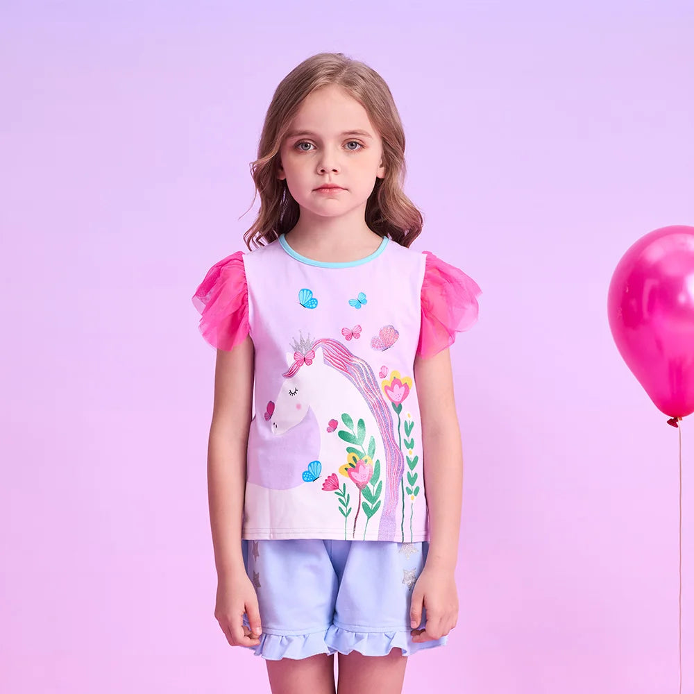 VIKITA Girls Flare Sleeve Summer T Shirt Kids Unicorn Flower Print Cartoon T Shirts Kids Casual Daily School Cotton Casual Tops