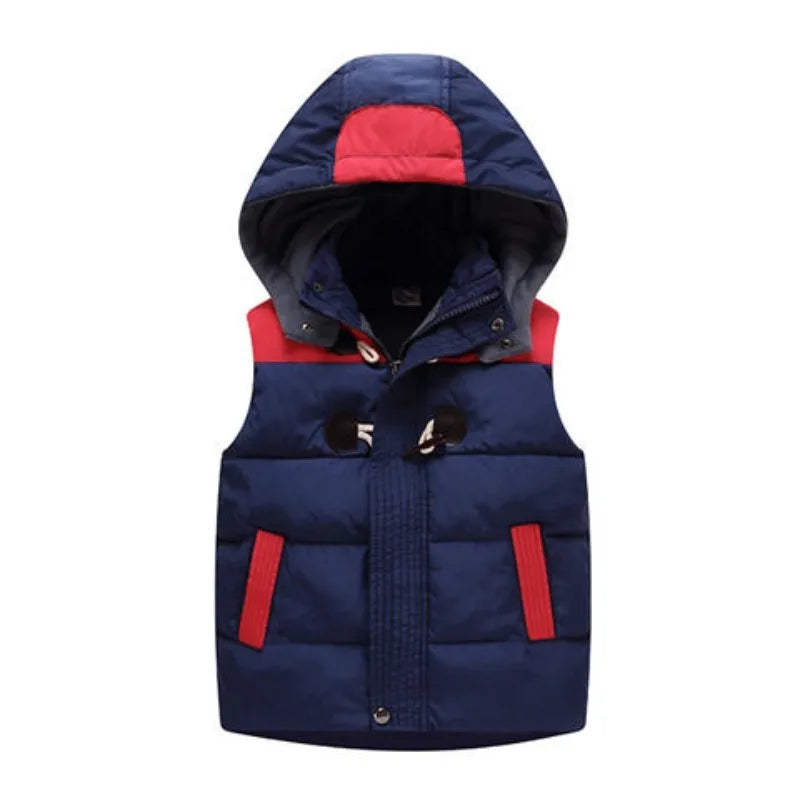 Kids' Autumn Winter Thickened Cotton Hooded Vest with Detachable Hood Soft Lambswool Lined Stand Collar Outerwear for Boys