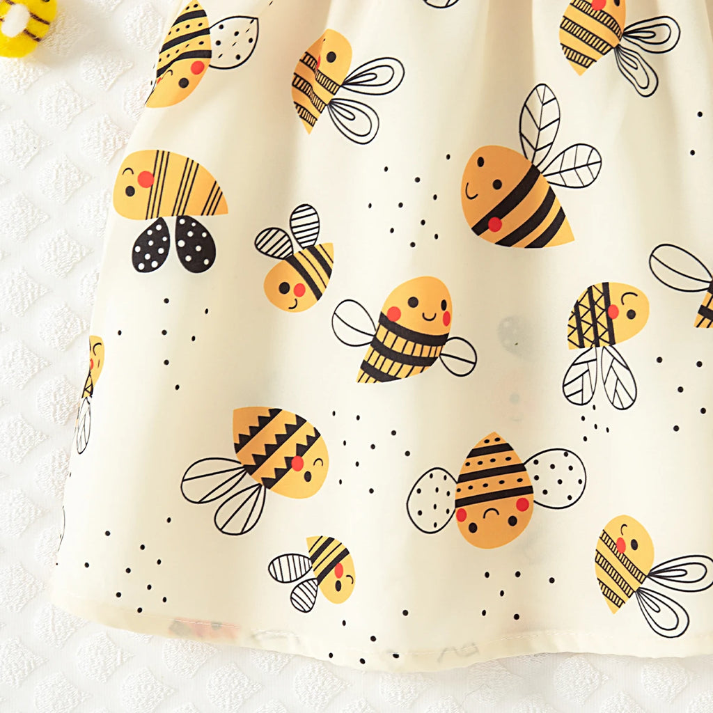 Summer New Yellow Little Fly Sleeve Baby Girl Dress, Cartoon Bee Print Children'S Sleeveless Clothes+Bow Headband (0-3 Years)