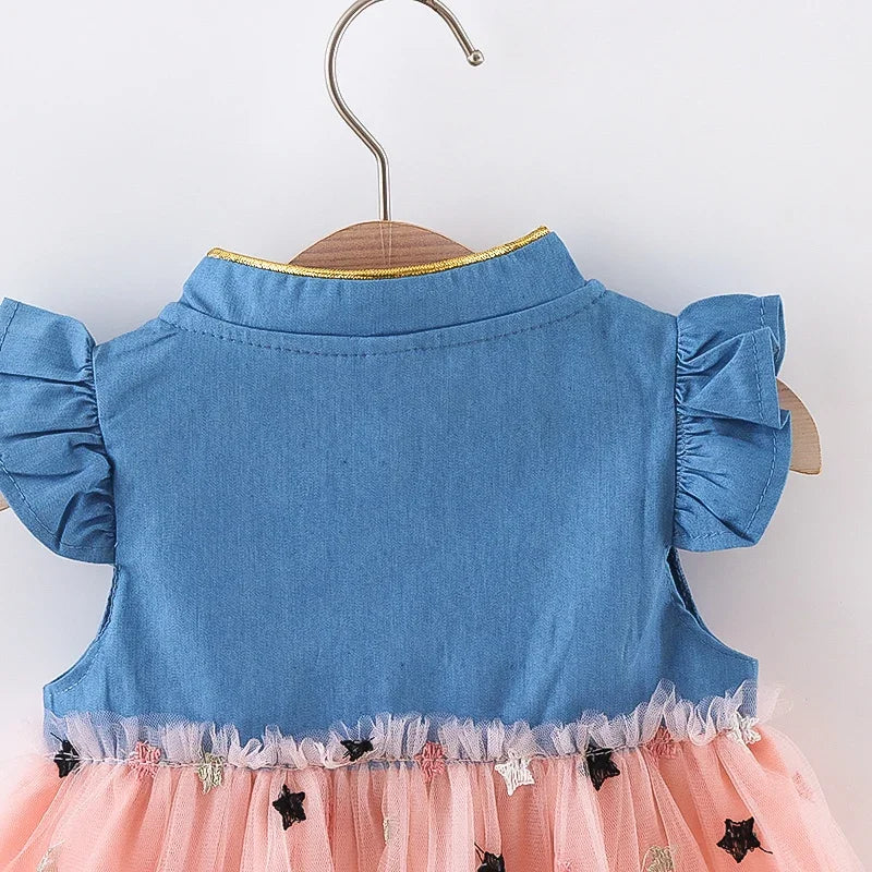 (Girls 0-3 Years Old)New Summer Girls Dress Small Flying Sleeve Bow Cowboy Work Pompous Past Polka Dot Color Sweet Princess Dres