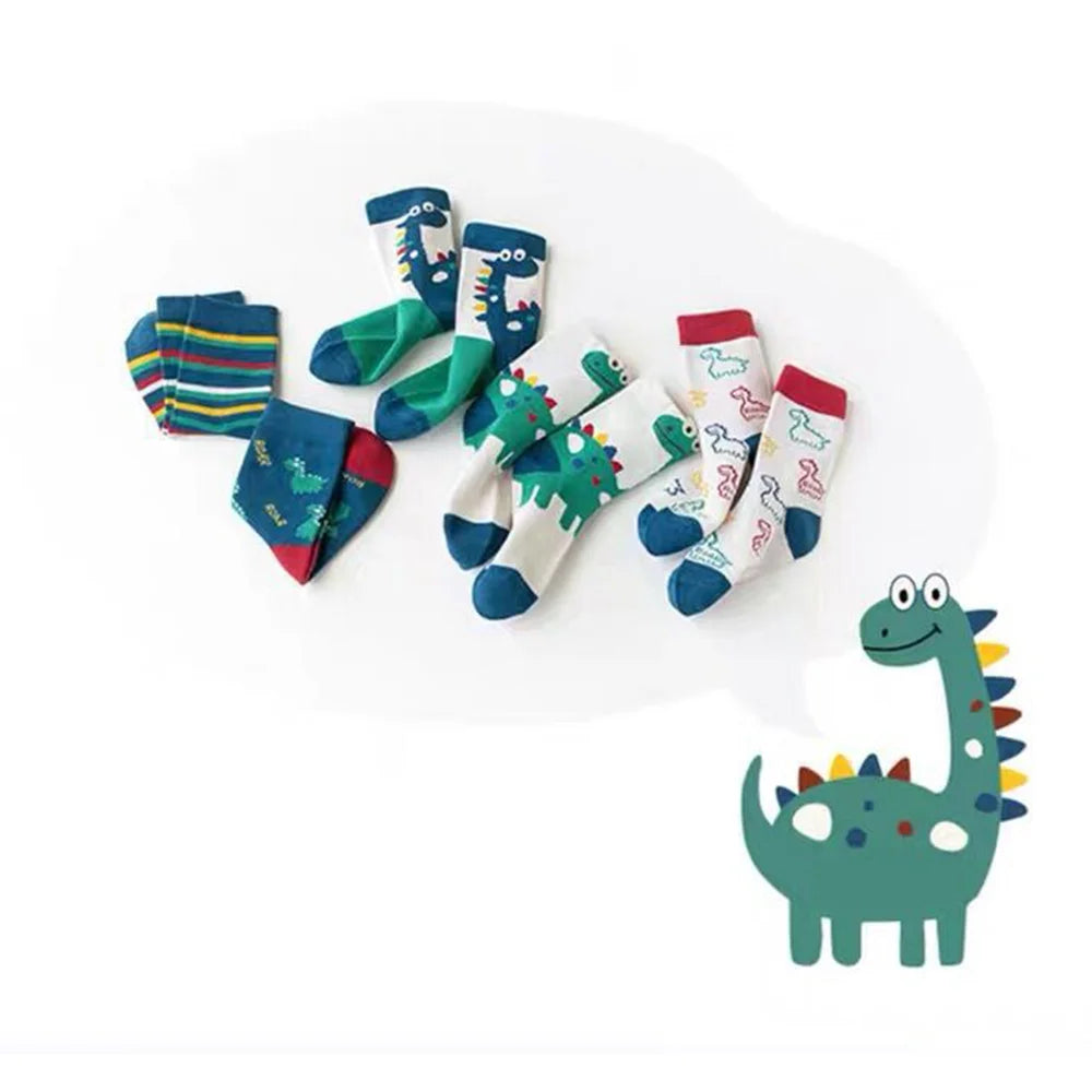 ‌Boys Girls Cartoon Dinosaur Mid-Crew Socks Soft Breathable Sport Striped Cotton Socks for Children Athletic Casual Outfit