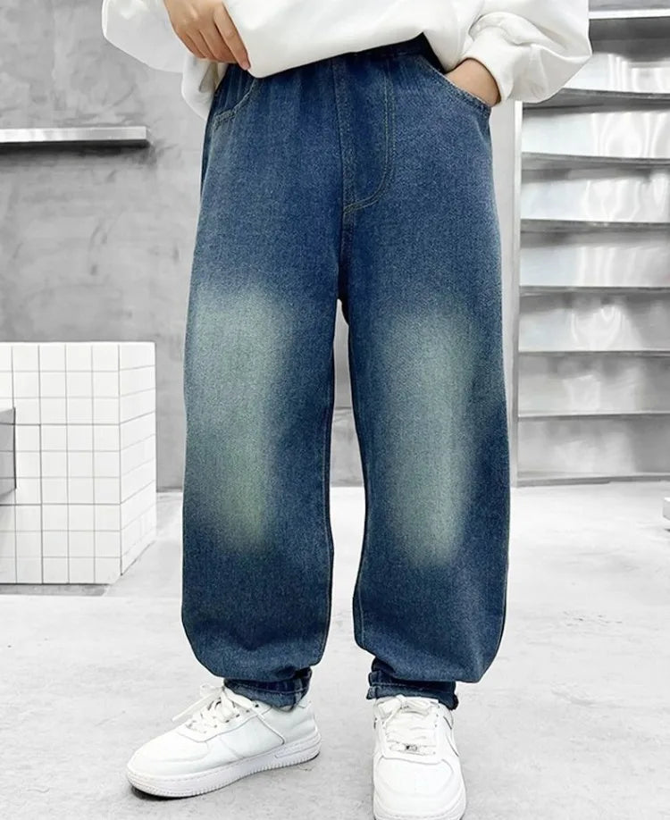 2025 New Boys' Loose Fit Jeans for Kids - Korean Style Washed Denim Long Pants, Trendy & Comfortable