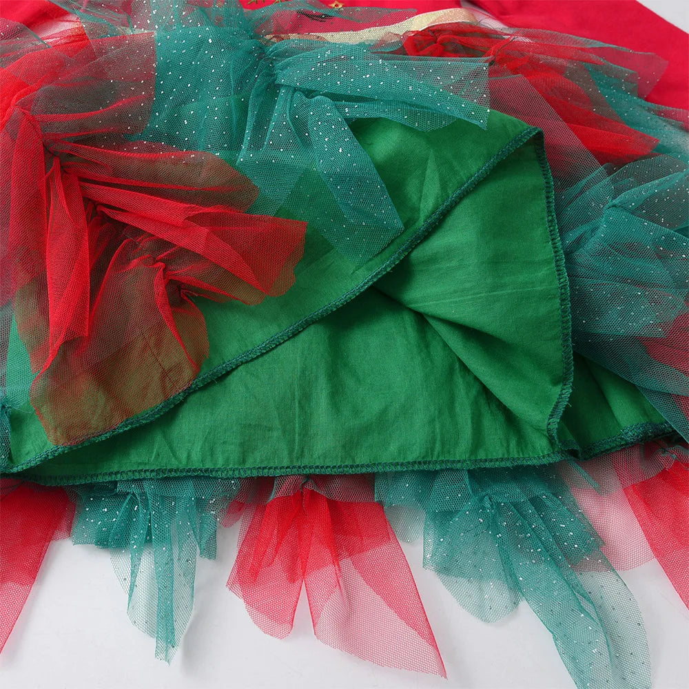 VIKITA 2025 New Girls Christmas Green Red New Year Princess Tutu Dress Kids Unicorn Snowflakes Autumn Winter Party Prom Gown